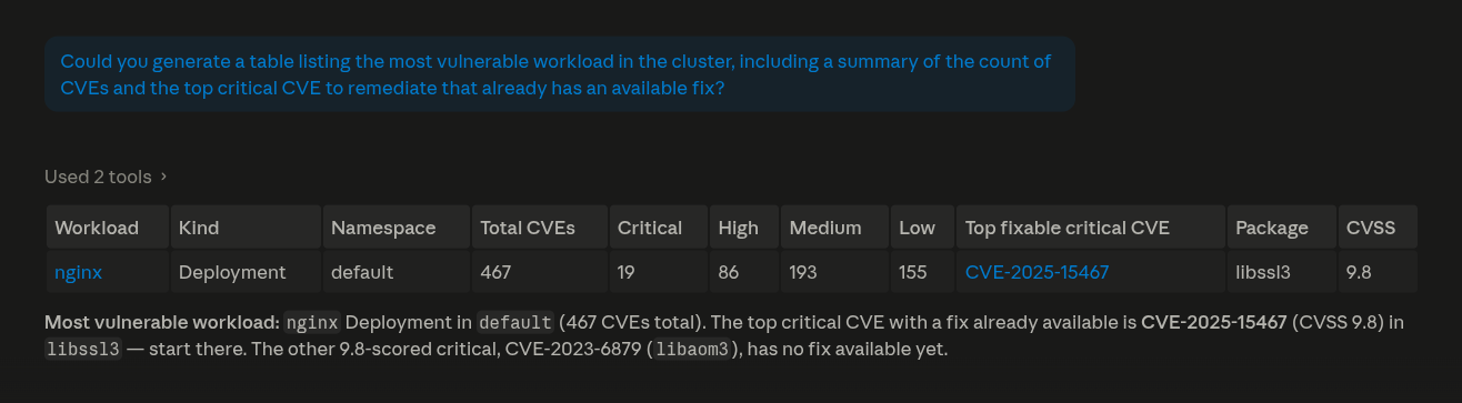 Claude answering an SBOMscanner MCP prompt with a table of details of the most vulnerable workload
