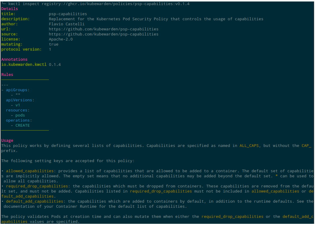 Output of kwctl inspect