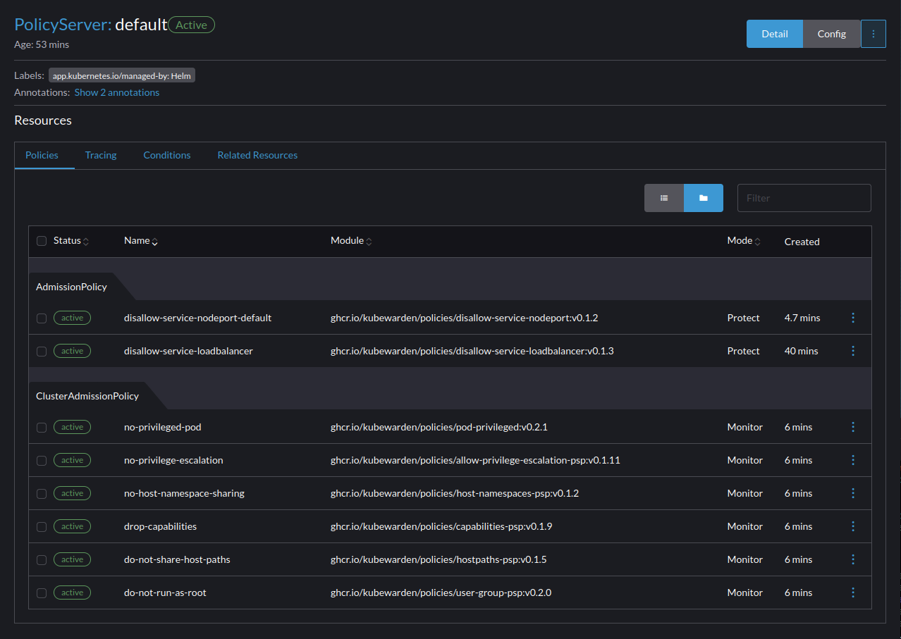 policy server detail view