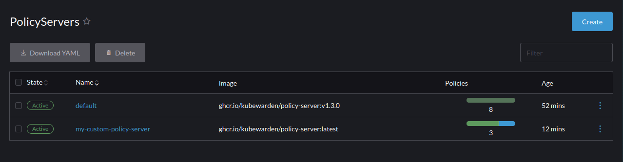 policy servers list view